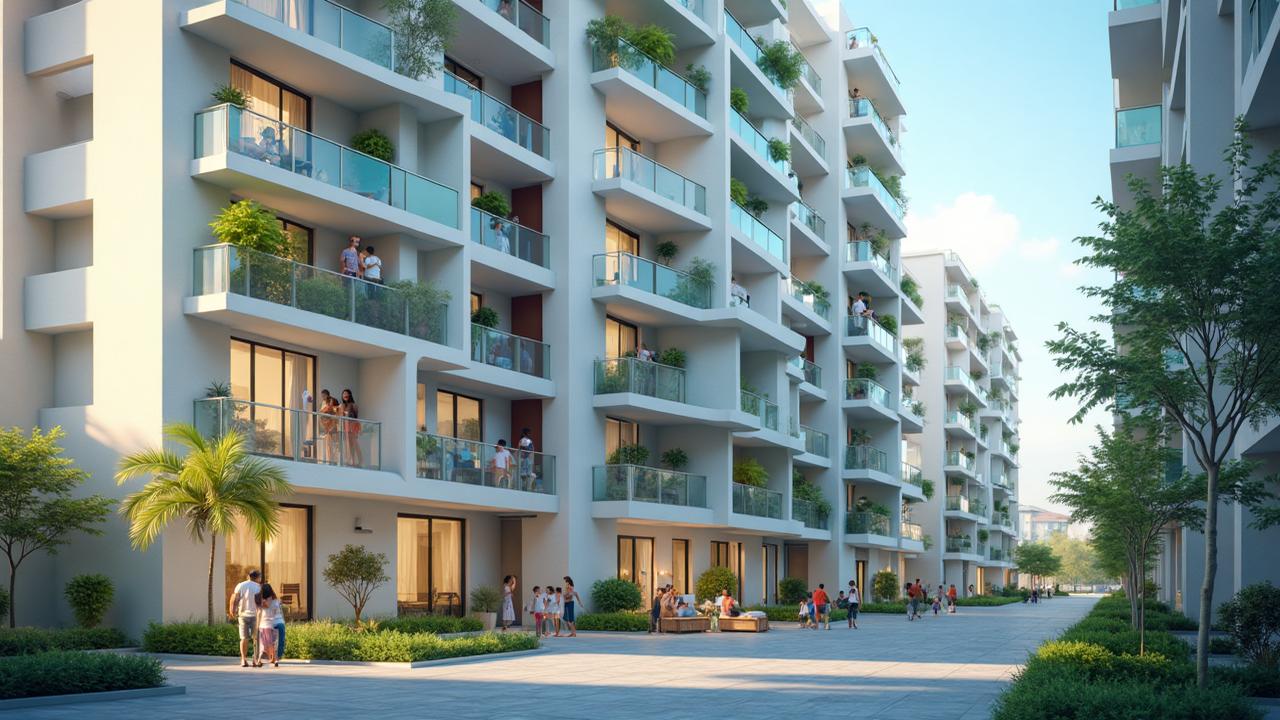 Modern apartment building with happy tenants